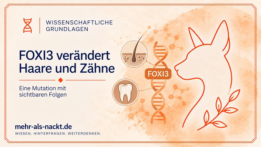 FOXI3 verändert Haare und Zähne – DNA-Doppelhelix mit Haarfollikel und Zahn als Symbole für die betroffenen Merkmale