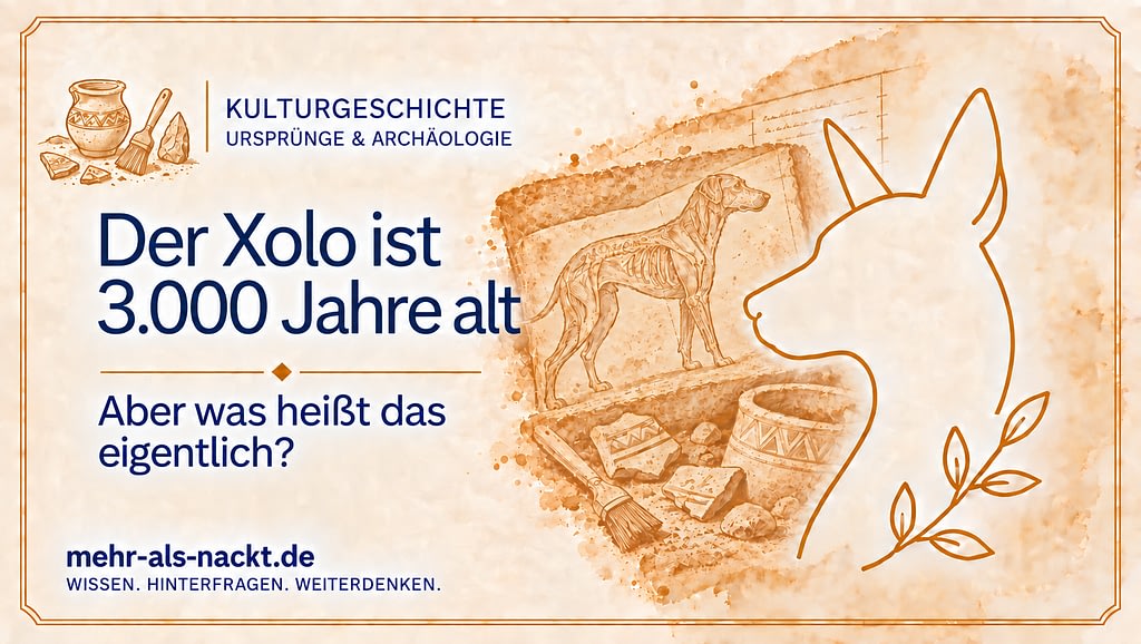 Xoloitzcuintle vor einer historischen archäologischen Darstellung aus Mesoamerika