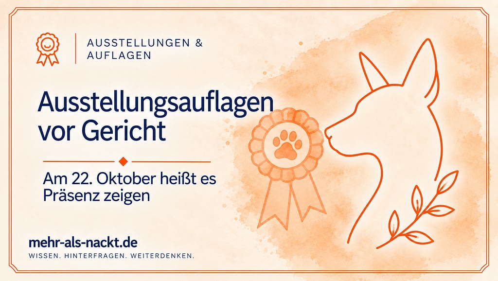 Beitragsbild mit der Aufschrift „Ausstellungsauflagen vor Gericht – am 22. Oktober heißt es Präsenz zeigen“ und einer Hundeillustration.