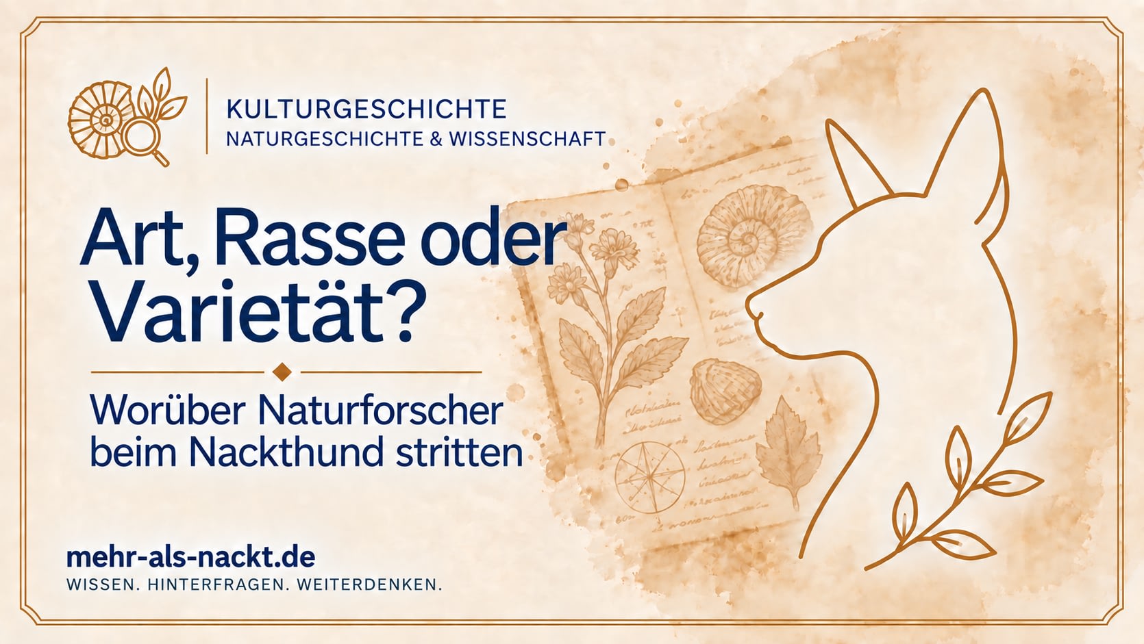Illustration zu Naturgeschichte und Wissenschaft mit einem Nackthund sowie historischen naturkundlichen Darstellungen