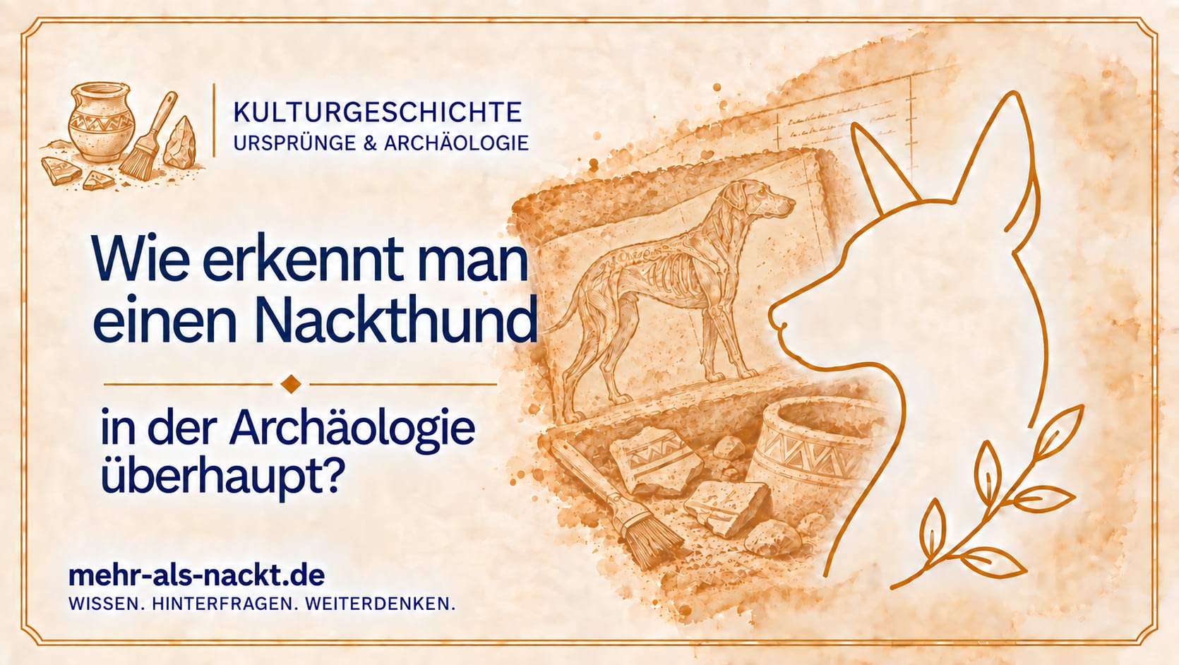 Titelgrafik zum Beitrag über die archäologische Erkennung von Nackthunden mit Darstellung eines haarlosen Hundes und eines archäologischen Fundes.