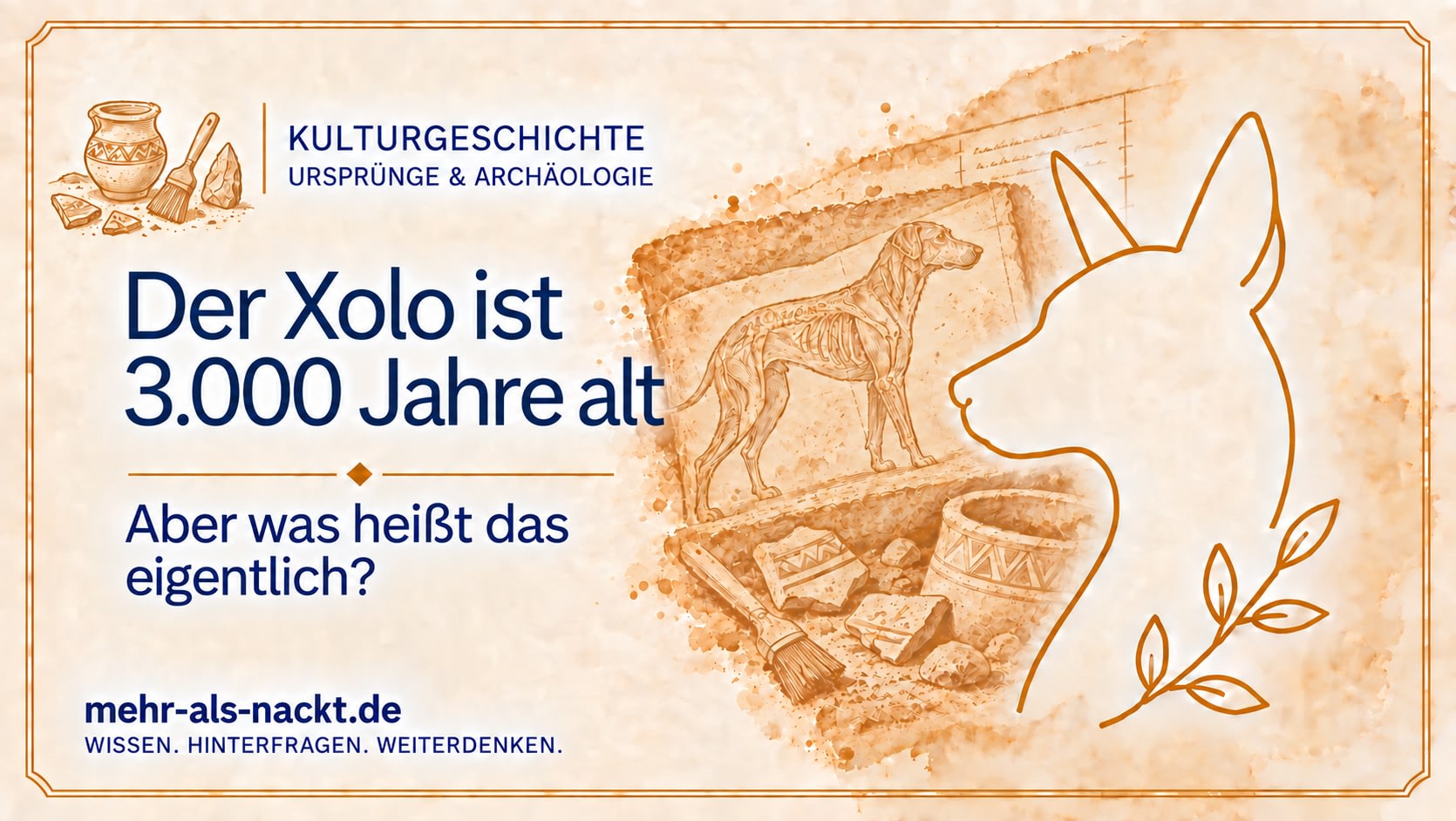 Xoloitzcuintle vor einer historischen archäologischen Darstellung aus Mesoamerika