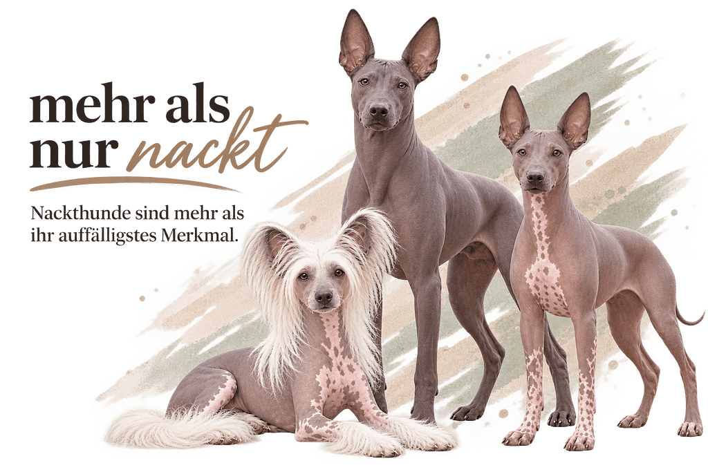 Drei Nackthunde – Chinese Crested Dog, Xoloitzcuintle und Perro sin Pelo del Perú